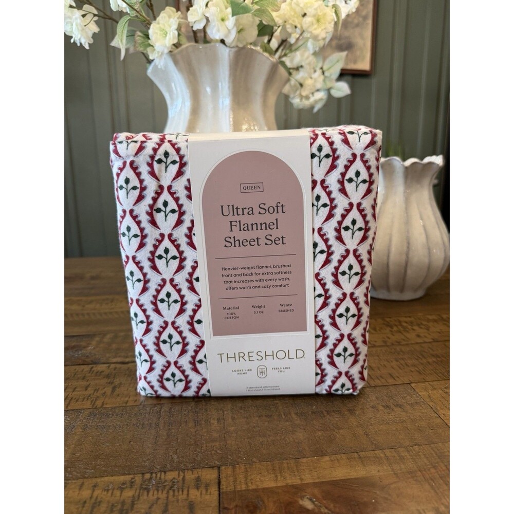 Threshold Queen Ultra Soft Flannel Sheet Set Woodblock Leaf NEW Hard To Find
